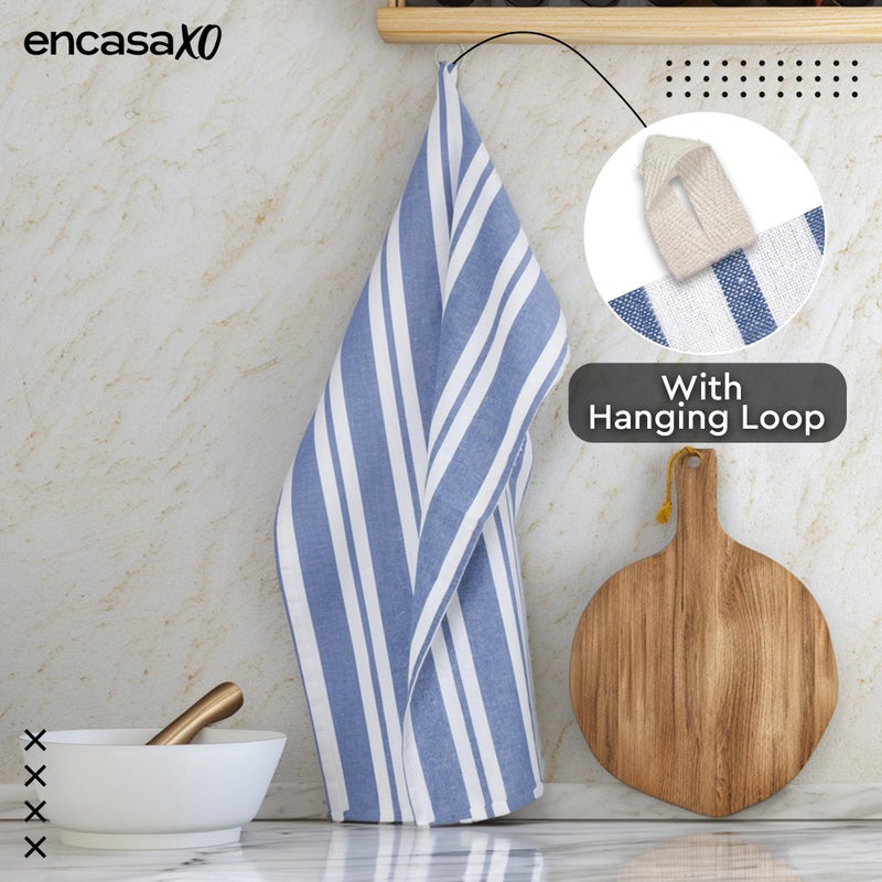Encasa XO Cotton Kitchen Towel Set | Hand and Tea Cloth for Cleaning & Quick Drying, X-Large 28"x18" (Pack of 4) Highly Absorbent - Franca Blue Stripes - Image 5